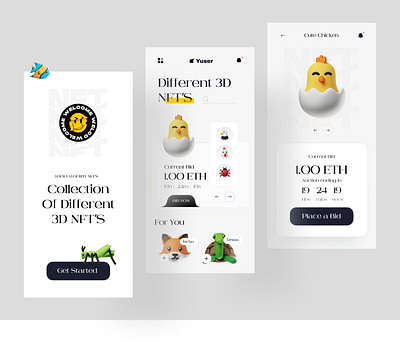 NFT App 📲 3d 3d app 3d face app design app designer chicken dribbble interface minimal mobile app modern nft nft app design top trend trend 2022 ui ui design user experience user interface