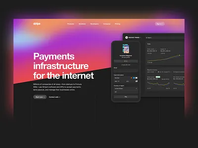 Stripe Dark Mode animation dark darkmode fintech gradient gradients hero section milk inside milkinside motion graphics stripe ui ui8 ux web design