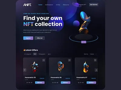 ANFT - NFT Marketplace Website bid nft collection create nft design discover nft header website illustration landing page marketplace new nft opensea parametric popular trending typography ui ux viral web design website