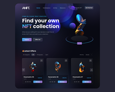 ANFT - NFT Marketplace Website bid nft collection create nft design discover nft header website illustration landing page marketplace new nft opensea parametric popular trending typography ui ux viral web design website