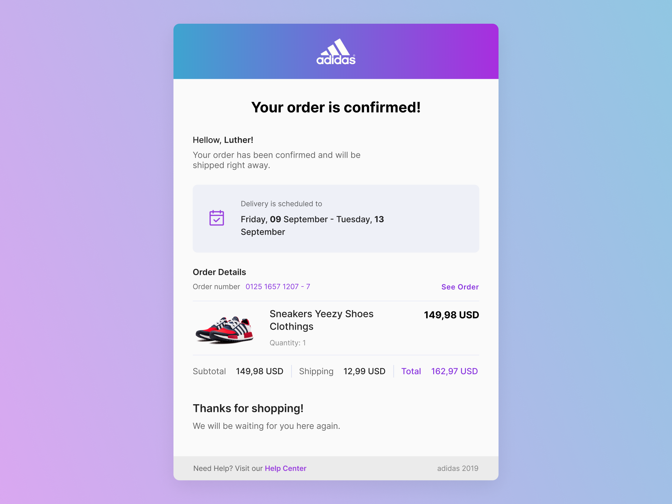 Example of Email Receipt