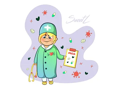 Character design med doctor 2d art branding cartoon character diagnosis doctor girl health help hospital illustratorukraine intern medical pediatrician polyclinic science stethoscope surgeon sweetl vector