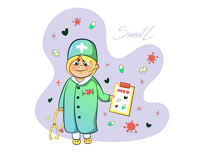 Character design med doctor 2d art branding cartoon character diagnosis doctor girl health help hospital illustratorukraine intern medical pediatrician polyclinic science stethoscope surgeon sweetl vector