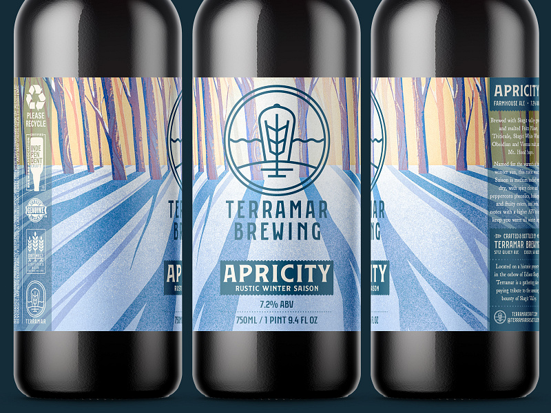 Apricity 2d alcohol beer bottle brewery can cider digital painting illustration ipad pro label package packaging procreate saison snow sunlight trees winter woods