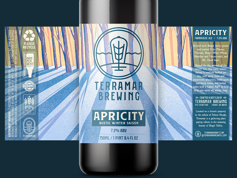 Apricity 2d alcohol beer bottle brewery can cider digital painting illustration ipad pro label package packaging procreate saison snow sunlight trees winter