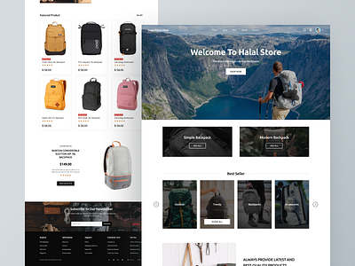 Halal Store - Backpack shop landing page apparel backpack ecommerce ecommerce design figma interface landing landing page minimal outdoor product product page shop shopify store ui ux web web design website