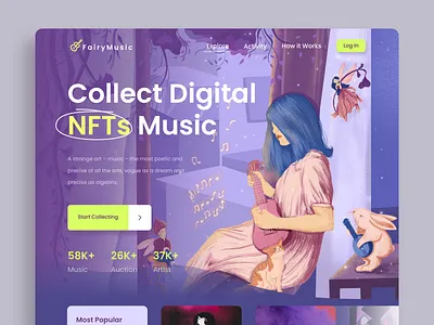 Fairy Music - Music NFT Marketplace bitcoin bitmap illustration blockchain crypto digital painting ethereum fairy illlustration illustration landing page marketplace metaverse nft nft marketplace nft music token ui design uiux website website design