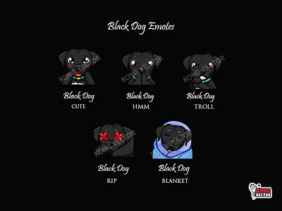 Black Dog Twitch Emotes blackdog blanket cartoon cute design dog emoji emote emotes graphicdesign hmm illustration logo rip sticker streamers troll twitch twitchemote twitchemotes