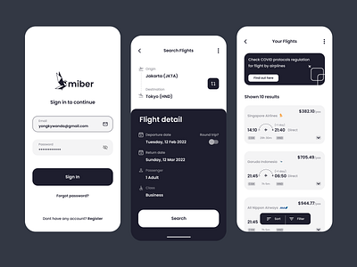 Miber - Airline Ticket App Concept airline android app boarding booking app concept flight ios minimalist mobile app plane ticket ticket app ui ux