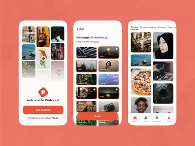 Pinterest App Redesign boards get started inspiration kawaii minimal monochrome onboarding pinterest red redesign salmanwap ui design