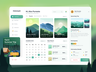 Melampah - Travel Dashboard adventure agency booking app camping dashboard ui dashoard destination mountain outdoors travel travel agency travel app travel booking travel dashboard travelling trip ui uiux vacation web design