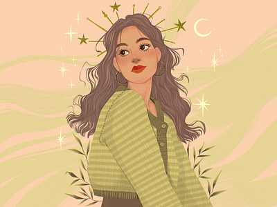 Moon aesthetic art branding design girl graphic design green greenery illustration leaves magic moon outfit portrait star stars