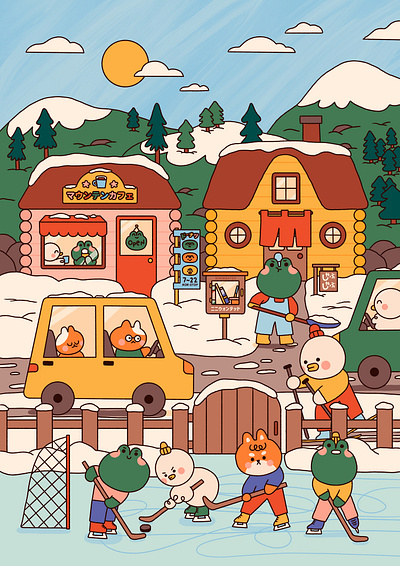 Mountain village characters ice hockey kawaii landscape log house mountain