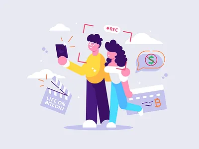 life on bitcoin bitcoinart blogger character cinema couple crypto cryptoart design dollar flat home video illustration kickstarter life on bitcoin nft people rec shooting vector youtube channel