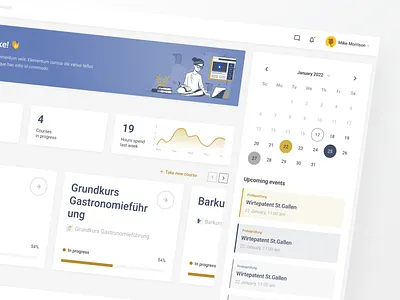 Online course. Dashboard branding calendar card chart course dashboard dashboard ux design illustration learning notification online course progress ui ux web