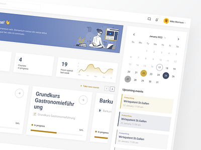 Online course. Dashboard branding calendar card chart course dashboard dashboard ux design illustration learning notification online course progress ui ux web