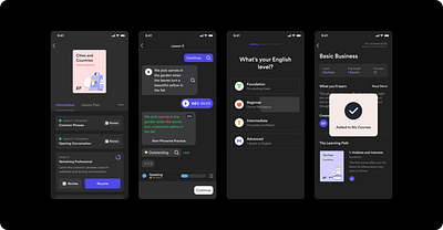 Late Night Language Learning – Yes Please! app design card chat courses dark design education ef language learning lesson mobile modal mode plan progress ui ux