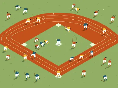 Baseball in Training - NYTimes ball baseball bat character editorial exercise fun illustration isometric magazine new york times newspaper nytimes olympics people practice small people sports sports illustration stretch