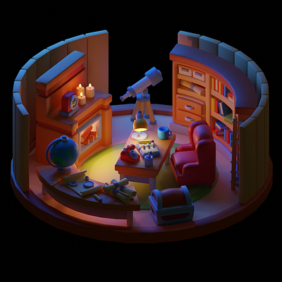 Country House Attic 3d 3d animation animation art attic b3d blender book c4d chair cinema4d cute cycles fireplace gameart gamedev illustration isometric lowpoly room
