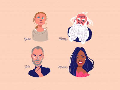 Celebrities 02 book celebrities characters childrens book flat greta thunberg illustration leo tolstoy people rihanna steve jobs vector