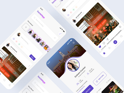 Social media app design | News feed screen, Profile page app landing page chat design easy facebook identity instagram ios app design minimal mobile mobile social app modern ui search social media social network socialmedia ui