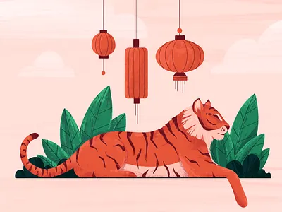 Year of the Tiger animal brushes cat illustration inspiration lanterns lunaryear newyear orange plants texture tiger