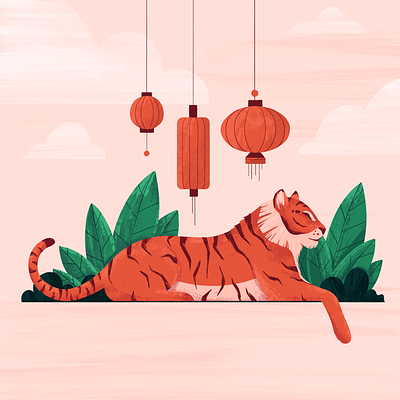 Year of the Tiger animal brushes cat illustration inspiration lanterns lunaryear newyear orange plants texture tiger