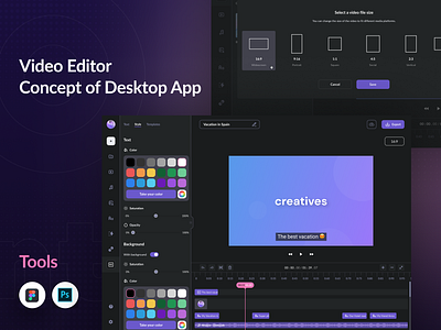 Creatives / Video Editor / Desktop App adobe clean dark interface dark theme desktop app desktop application figma gradient photoshop pink timeline ui video video editor violet