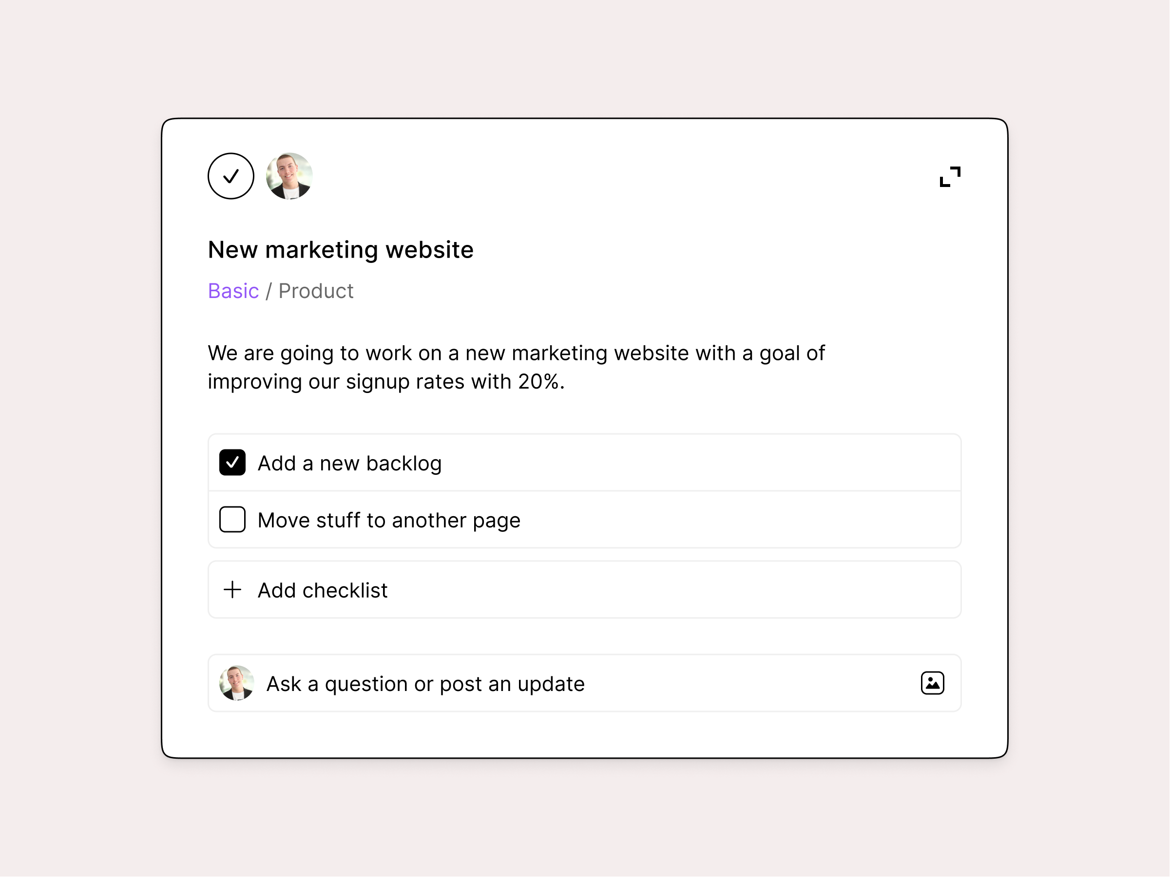 Example of task modal window