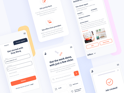 Easy Worq - mobile screens cards clean construction craftsman fix home interface listing minimal mobile orange register renovation repair rwd search service tools ui ux