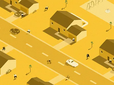 Suburbs america australia birdseye view character culture trip design editorial fun illustration isometric isometric town park people people walking suburban suburbs swings town