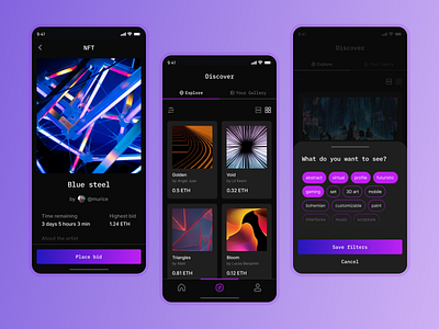 NFT Marketplace App art art gallery community cryptocurrency dao figma filtering mobile ui nft nft app nft gallery