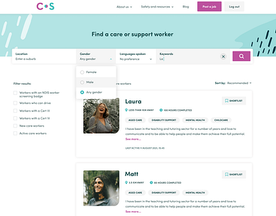 Search result page design for Careseekers design ui ux