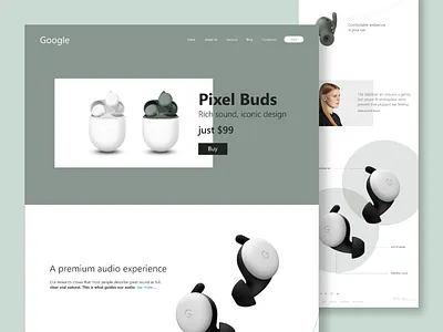 Google Pixel Buds UI Landing Page Design air bud app ui clean cycle website design ecommerce headphone landing page technology typography user interface ux design