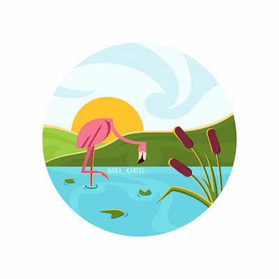 The Flamingo bird adobe illustrator animal art bird blue cattail design flamingo graphic design green illustration lake nature pink sun vector vector illustration water lily yellow