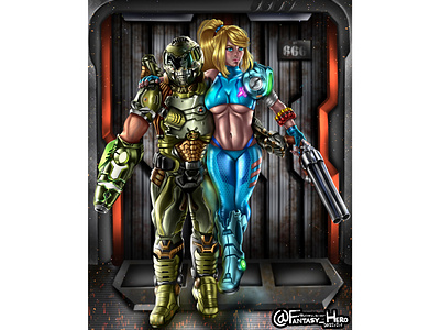 "From Space to Hell, with Love" art artwork character design digitalart digitaldrawing digitalpainting doom fanart game gameart gamecharacter illustration metroid