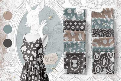 Victorian Vintage Sketch Seamless Patterns animal animal art animalistic antique baroque branding clothes designs deer flowers graphic design old seamless pattern sketch victorian vintage