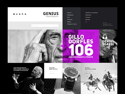 Genius Magazine web home page ui ux design black white fucsia generative grey scale grid grid system home page issue landing page mag magazine news page purple ui ui design ux ux design violet web design web magazine