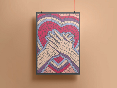 Listen to your heart blue bright collage esoteric finger gesture hand heart heartbeat illustration inside interior poster listen mosaic orange pieces pink poster purple