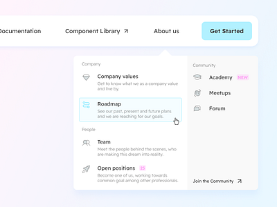Dropdown navigation menu about us clean company description dropdown icons light menu modern nav navigation soft startup ui