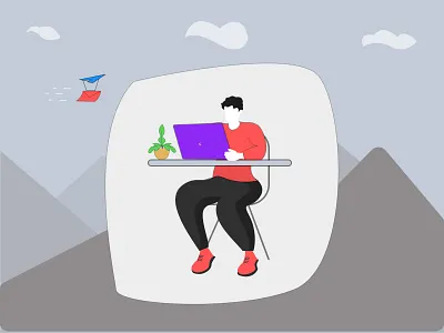 Work In Mountain art cloud design figma fly illus laptop mail man mountain plant tree
