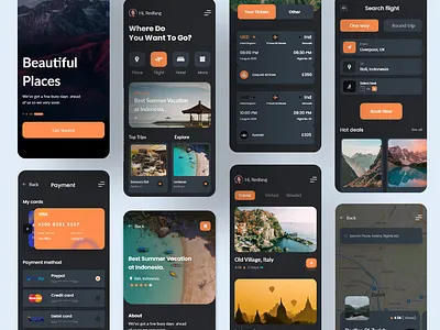 Trip Planner Mobile Application Design (Dark Version) adventure animal app camping destination explore flight app homepage madagascar outdoors travel travel agency travel app travel booking travel dashboard traveling trip vacation web application website