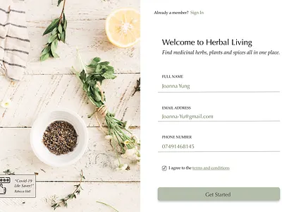 Herbal Living sign up form (filled out) app branding dailyui design green greendesign greenliving herballiving icon illustration logo signup signupform sustainableart ui ux vector