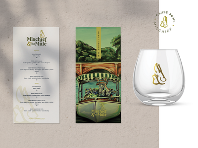 Mischief and the Mule bar boat branding canal character craft custom design glass green humor illustration logo menu mischief mockup mule painting rat restaurant