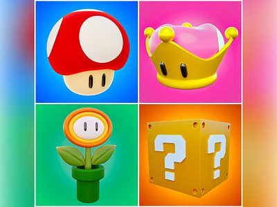 Mario Bros - Set of iconic elements 3d 3d art blender blue crown cube design game green illustration low poly mushroom nintendo orange pink plant ui