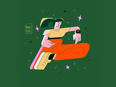 Girl sitting on the sofa character design green illustration orange stylization woman