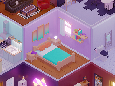 Pocket Rooms - 3D Illustrations 3d 3d blender 3d illustration bathroom bedroom blender colors cosy illustration isometric kitchen living room office rooms square