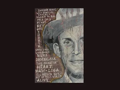 Hank. Acrylic on wood crate for gallery show. acrylic badge branding design folk art gallery graphic design hank williams illustration logo painting retro vector