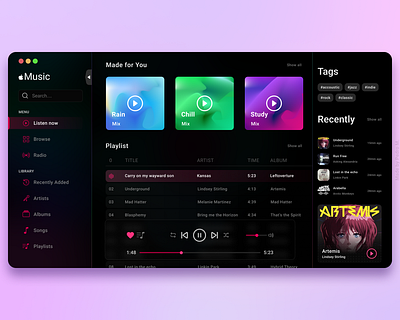 Apple Music Concept (Dark theme) apple gradients mesh gradient music player sidebar song ui ux