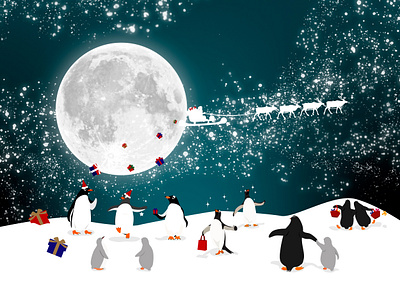 Party animal art design fantasy graphic design illustration illustrator landscape moon penguin photoshop present sky snow vector web winter